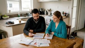 Couple reviewing bridging finance paperwork at kitchen table