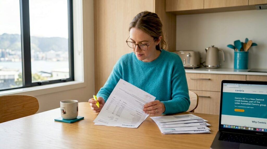 New Zealander woman reviewing credit report at kitchen table