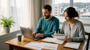 Young couple budgeting for first home purchase