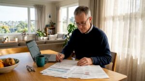 Homeowner reviewing mortgage documents at table