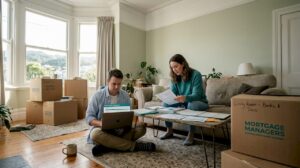 Couple reviewing mortgage documents for new home