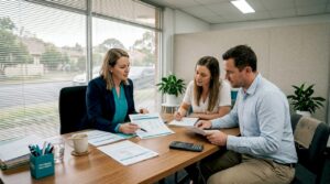 Couple meeting mortgage adviser reviewing documents