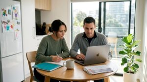 Couple reviews home loan options at kitchen table