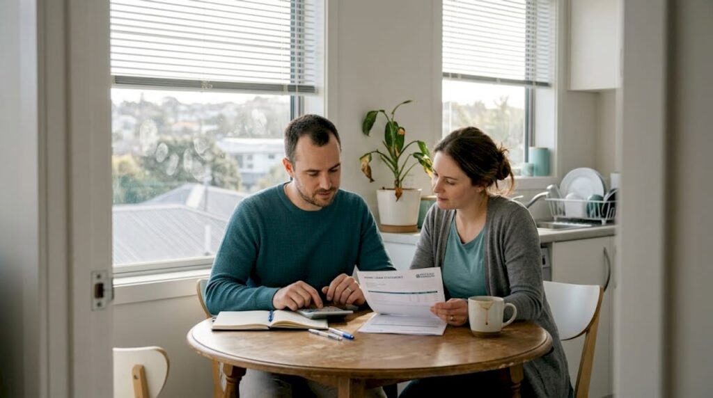 New Zealand couple reviewing home loan paperwork