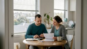New Zealand couple reviewing home loan paperwork