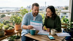 Couple reviewing mortgage at kitchen table