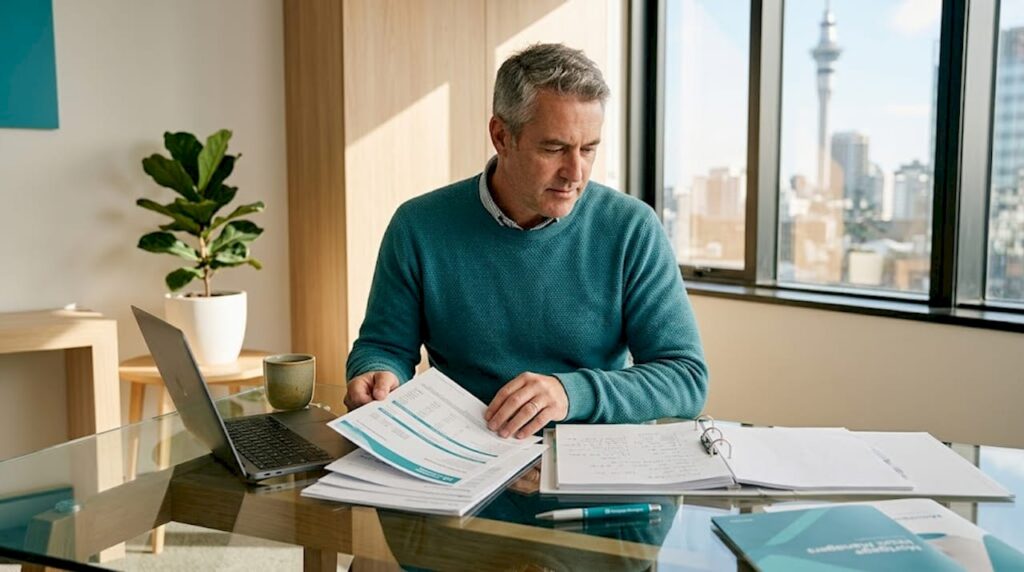 Investor reviewing mortgage documents at home table