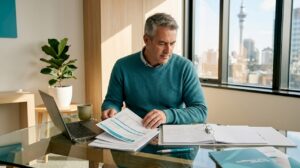 Investor reviewing mortgage documents at home table