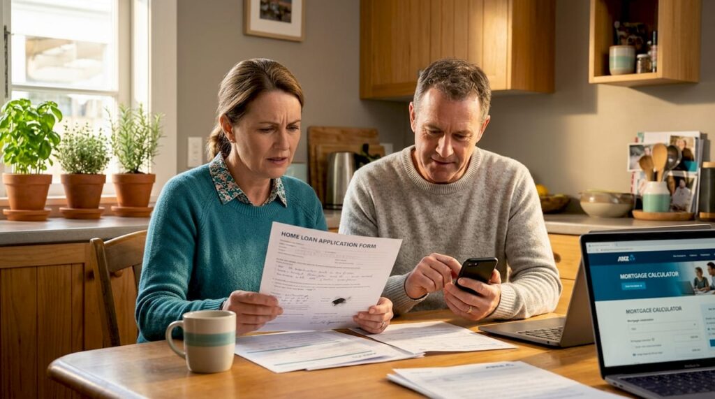 Couple examining NZ home loan paperwork