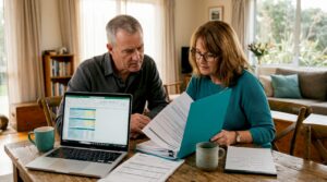 Couple reviewing home loan paperwork at dining table