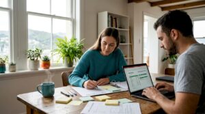 Couple preparing home buyer settlement paperwork