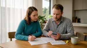 Couple reviewing mortgage paperwork at kitchen table