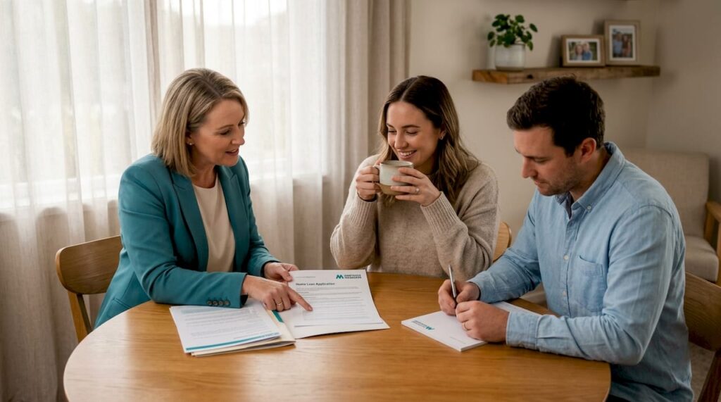 Kiwi couple reviewing mortgage with adviser