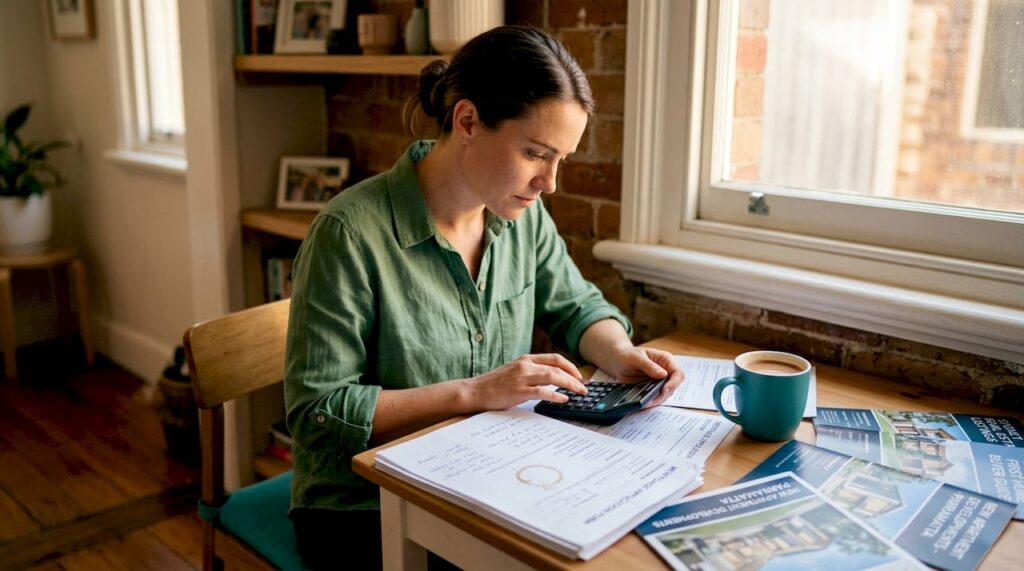 Woman reviewing mortgage papers at dining table