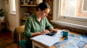 Woman reviewing mortgage papers at dining table