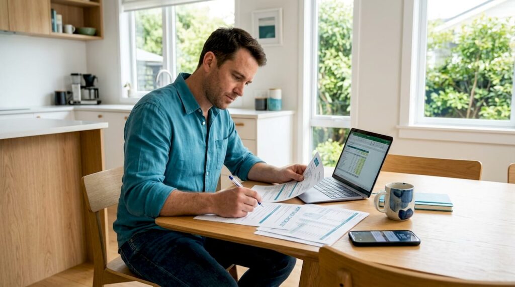 Man cross-checking loan eligibility documents at home table