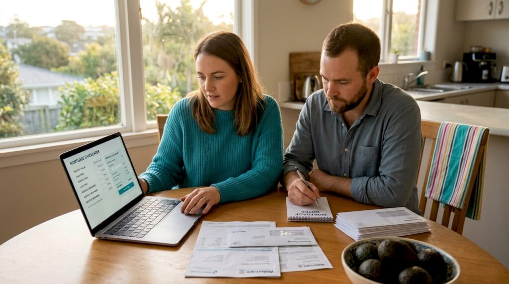 Couple reviewing mortgage details at kitchen table