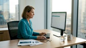 Analyst reviewing policy documents at office desk