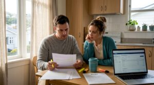 First-home buyers reviewing closing cost documents