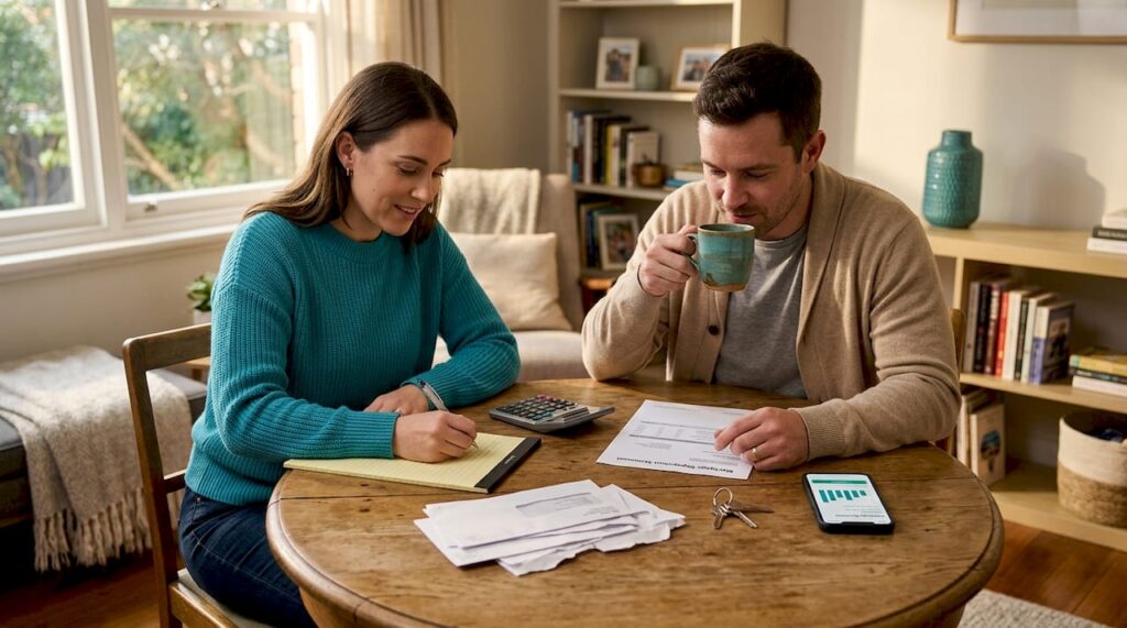 Couple reviewing mortgage documents at table