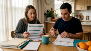 Couple organizing mortgage papers in kitchen
