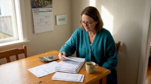 Person reviewing bills at kitchen table