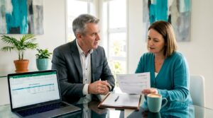 Solicitor discussing fees with client in home office