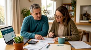 Couple reviewing mortgage paperwork at home kitchen table
