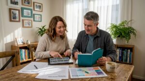 Couple reviewing house buying documents at home