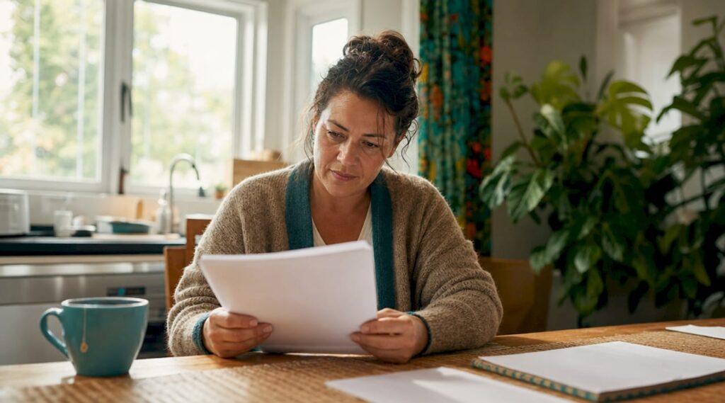Homeowner reading building contract at kitchen table