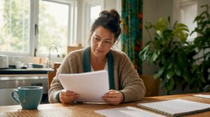 Homeowner reading building contract at kitchen table