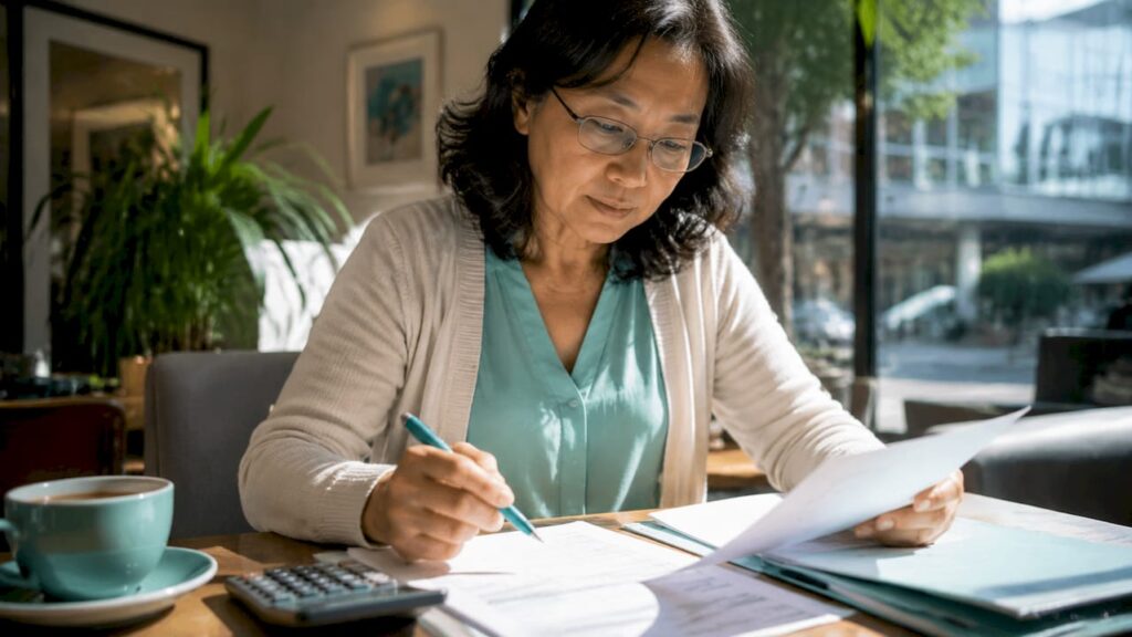 Woman reviewing mortgage documents at home table