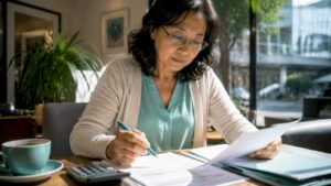 Woman reviewing mortgage documents at home table