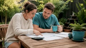 Couple reviewing mortgage documents at home