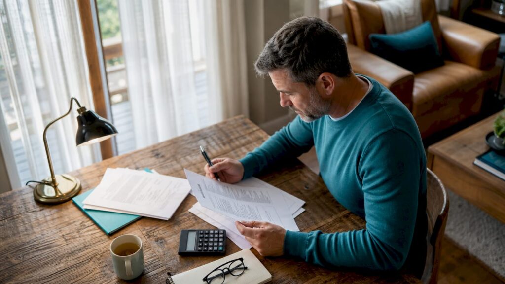 Man reviewing mortgage documents at kitchen table