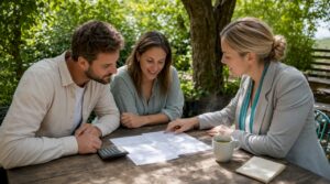 Couple reviewing mortgage documents with advisor