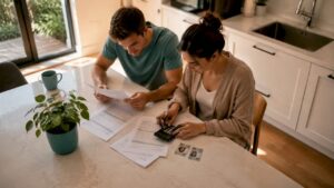 Couple reviewing mortgage documents at home