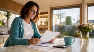 Woman reviewing mortgage documents at home