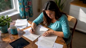 Woman completing loan applications at home
