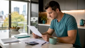 Man reviewing fixed mortgage documents at kitchen table