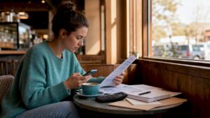 Young woman reviewing loan options at kitchen table