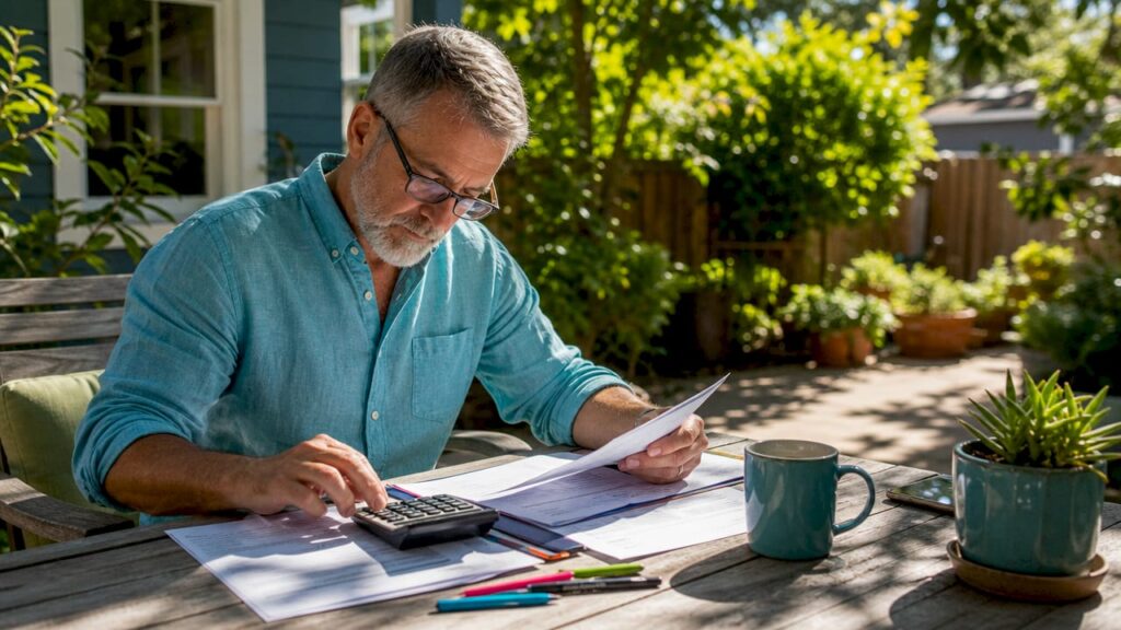 Veteran reviewing home loan paperwork at kitchen table