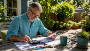Veteran reviewing home loan paperwork at kitchen table