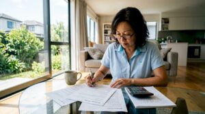 Woman reviewing fixed rate mortgage papers