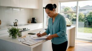 Woman completing home loan application at kitchen table
