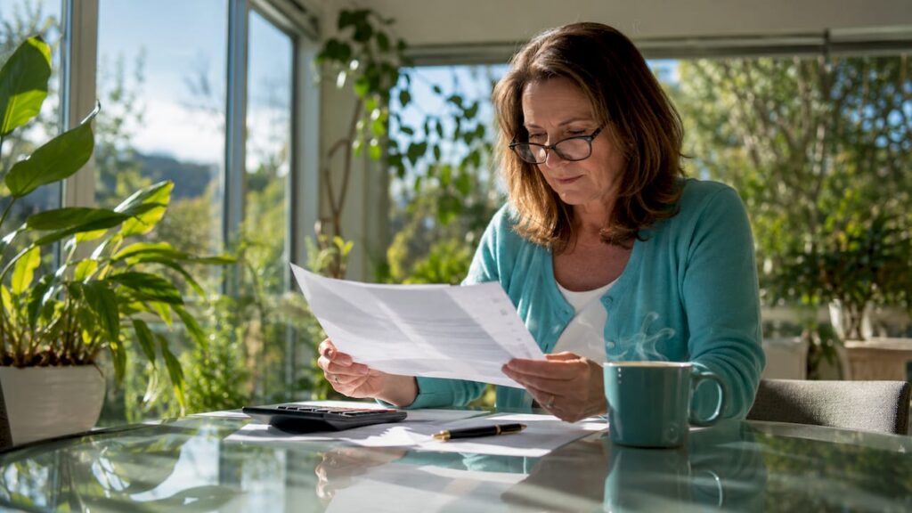 Woman reviewing second mortgage documents at home
