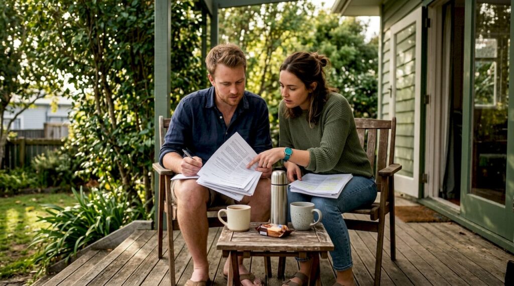Young NZ couple reviewing mortgage documents at home