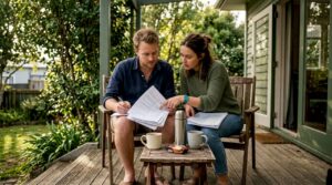 Young NZ couple reviewing mortgage documents at home