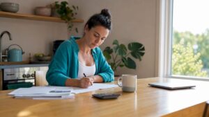 Person filling mortgage application at kitchen table