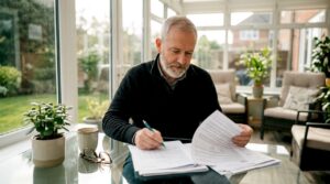 Veteran reviewing VA loan paperwork at kitchen table